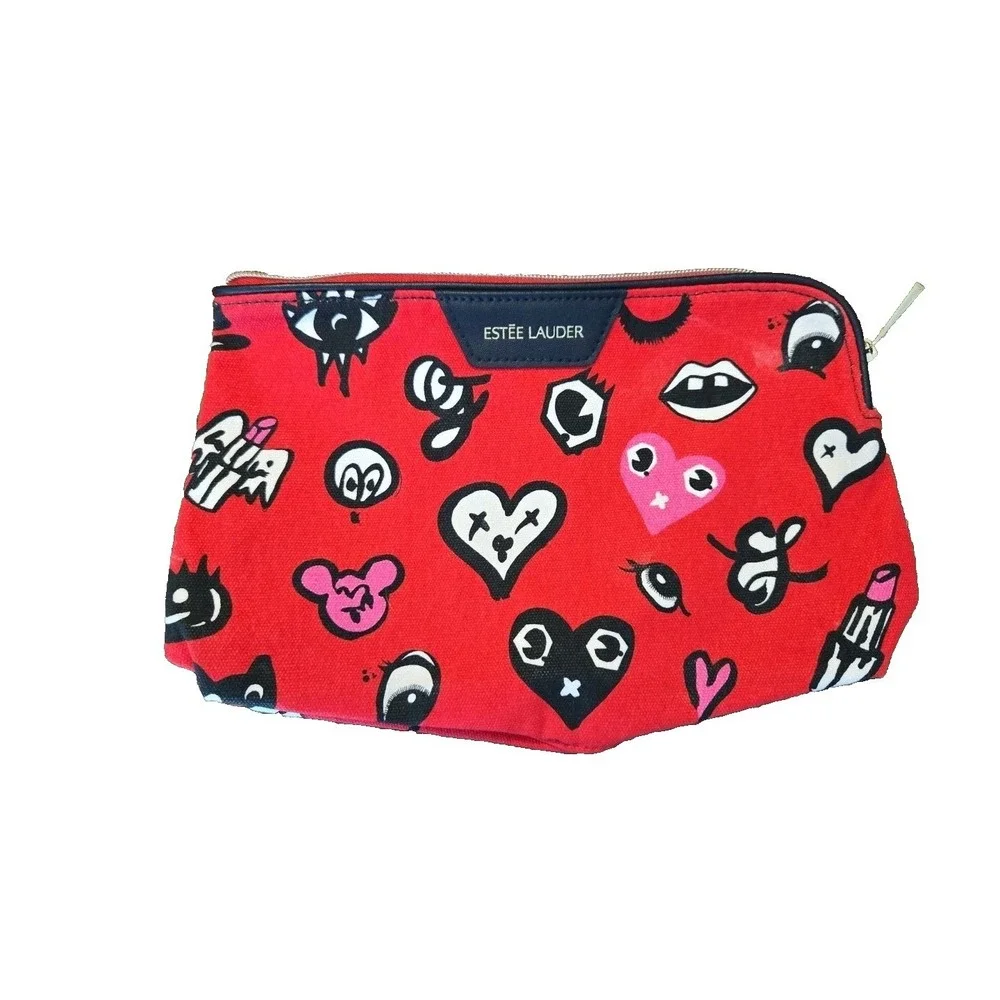 Estee Lauder Red Pop Art Graphic Makeup Bag Hearts Lips Eyes‎ Canvas Cosmetic